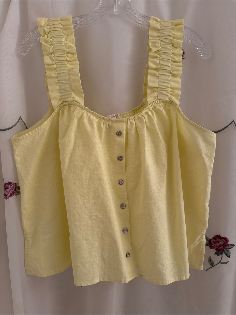 mnk Ruffled Strap Yellow Button-Front Crop Top